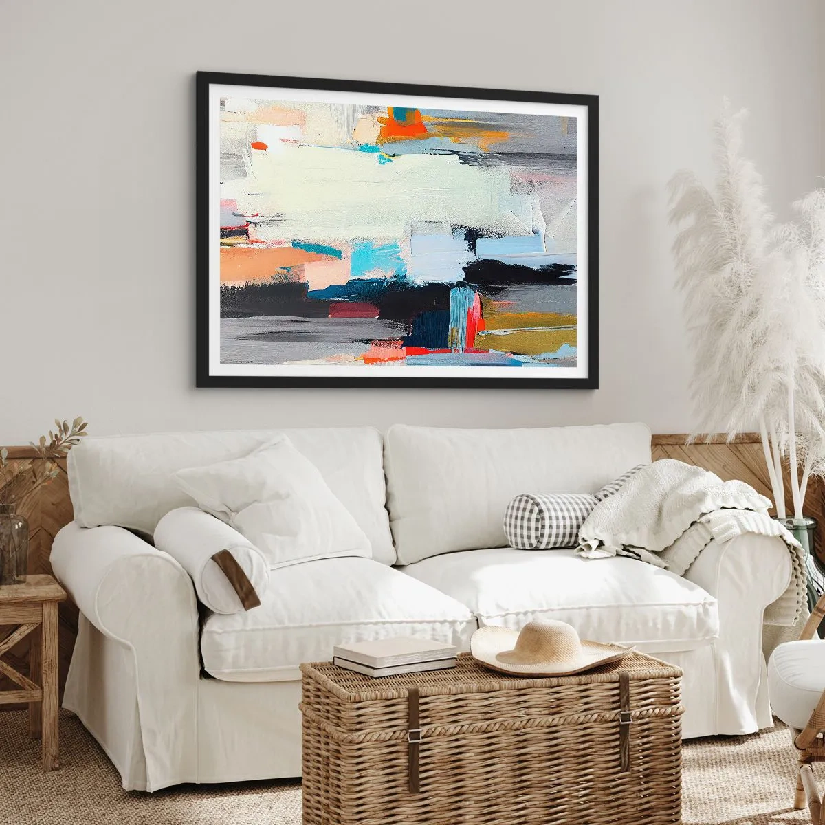 Plakat w czarnej ramie - Kolorowa abstrakcja z dynamicznymi pociągnięciami pędzla - 100x70cm - Jest metoda? - Nowoczesna dekoracja ścienna do salonu i sypialni ARTTOR