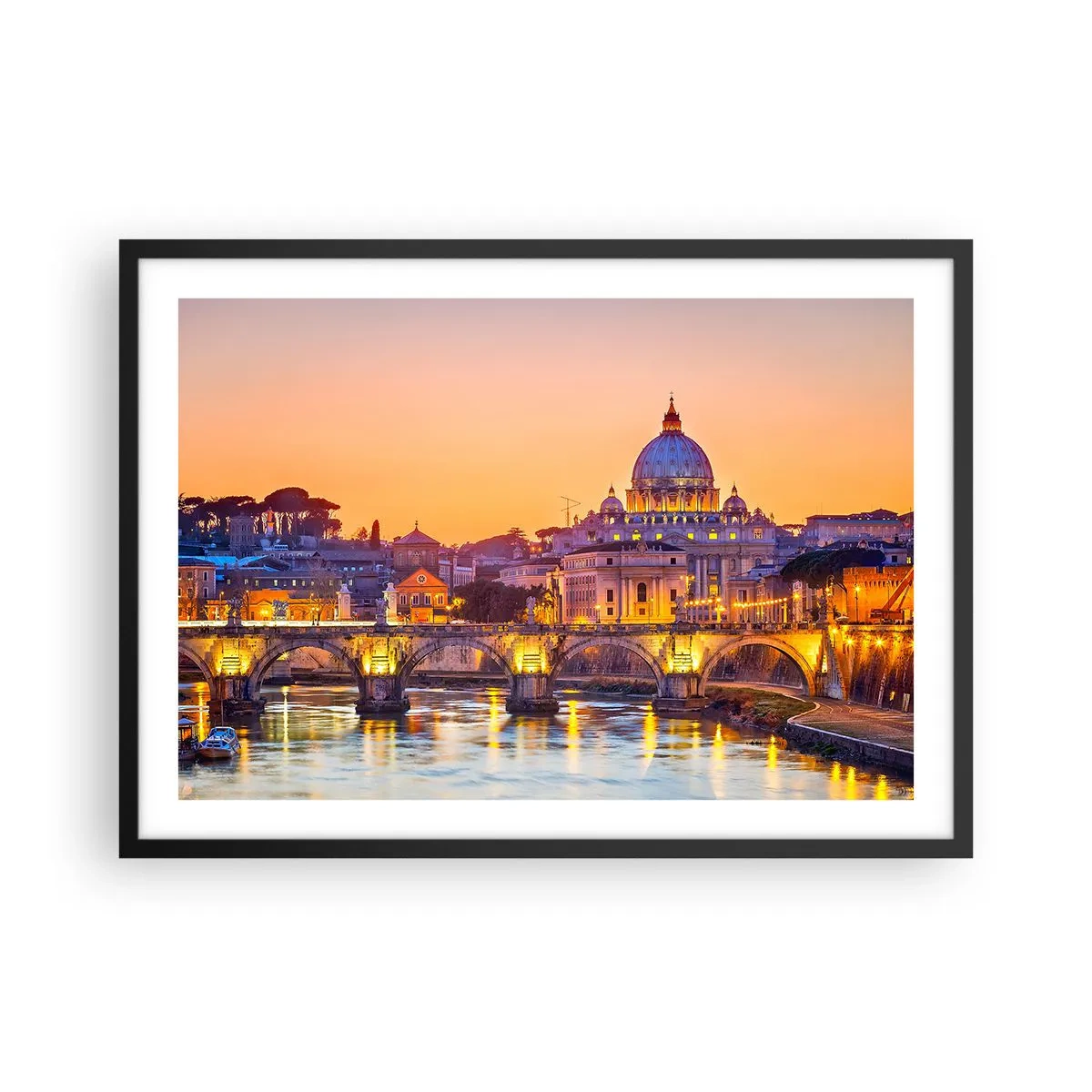 Plakat w czarnej ramie - Panorama Watykanu o zachodzie słońca z mostem na rzece - 70x50cm - Zmierzch nad Wiecznym Miastem - Nowoczesna dekoracja ścienna do salonu i sypialni ARTTOR
