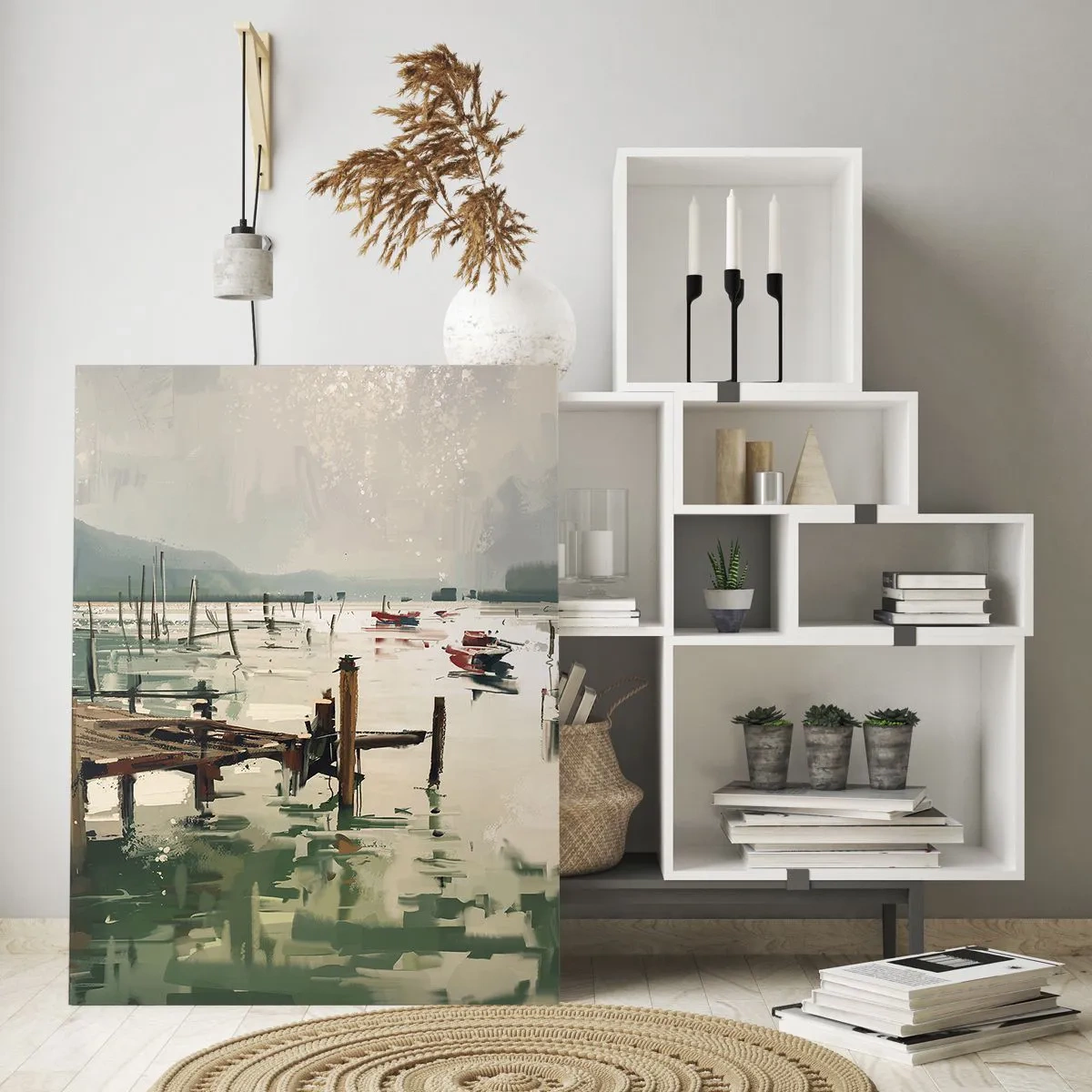 Obraz na szkle - Malowniczy port z łodziami na spokojnej wodzie - 70x100cm - Oblane roztopionym księżycem - Nowoczesna dekoracja ścienna do salonu i sypialni ARTTOR