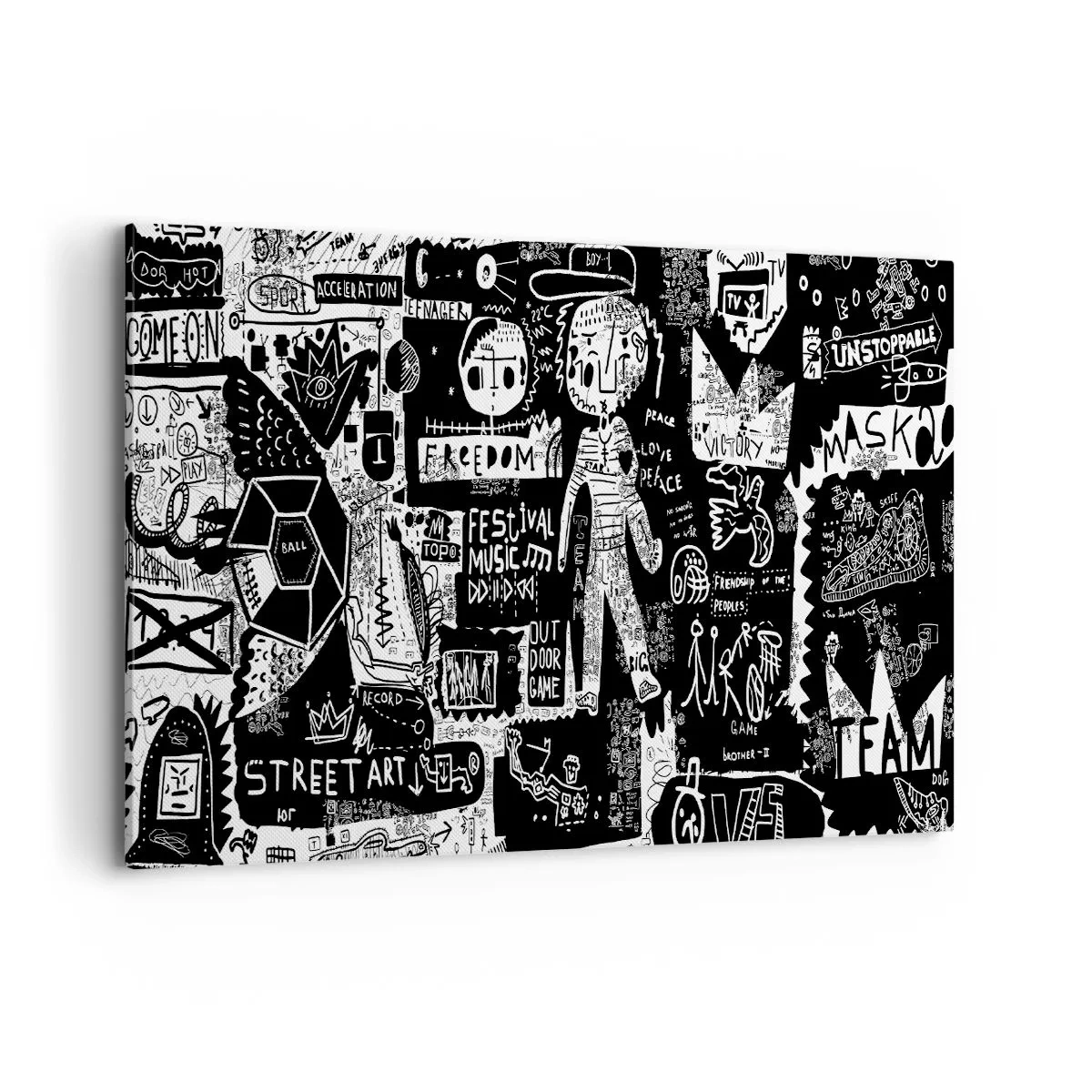 Obraz na płótnie - Czarno-biały kolaż inspirowany sztuką uliczną - 120x80cm - Duchowej młodości prawa i radości - Nowoczesna dekoracja ścienna do salonu, kuchni i sypialni ARTTOR