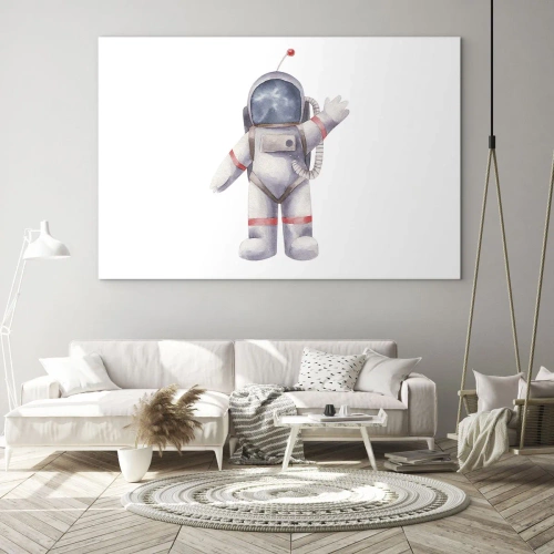 Obraz na szkle - Astronauta machający w przestrzeni kosmicznej - 120x80cm - To na razie! - Nowoczesna dekoracja ścienna do salonu, kuchni i sypialni ARTTOR