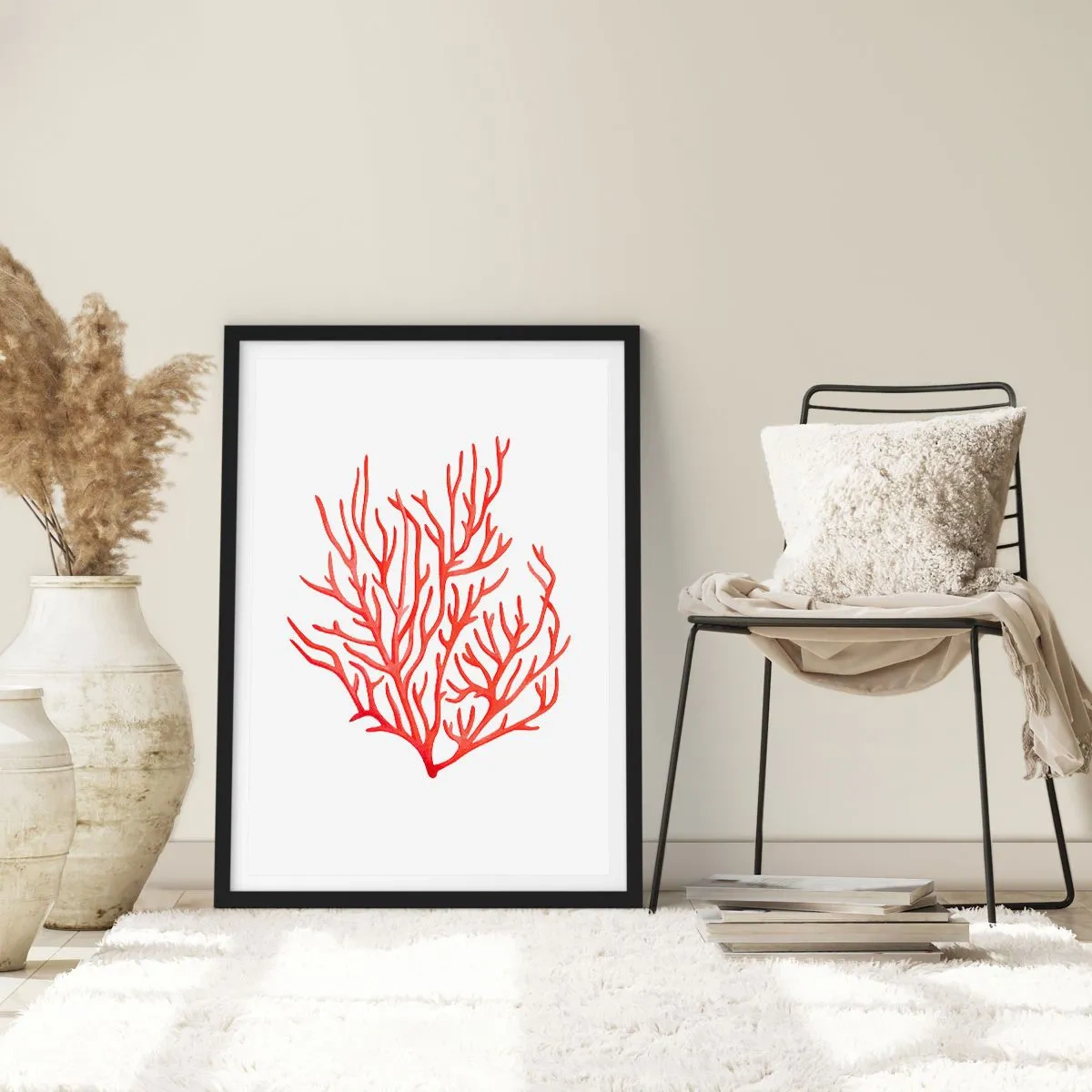 Plakat w czarnej ramie - Czerwony koral na białym tle w minimalistycznym stylu - 50x70cm - Koralowy filigran - Nowoczesna dekoracja ścienna do salonu i sypialni ARTTOR