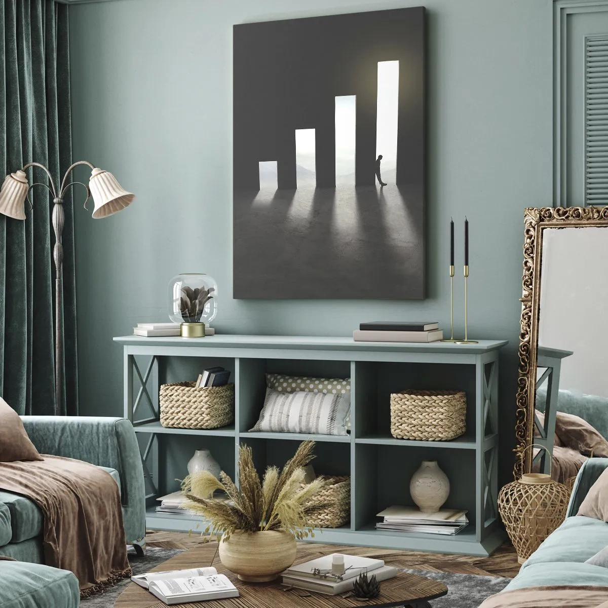 Obraz na płótnie - Symboliczny wzrost w postaci przejść oświetlonych światłem - 80x120cm - Sukces – impresja - Nowoczesna dekoracja ścienna do salonu i sypialni ARTTOR