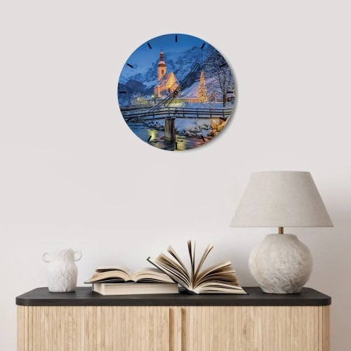 Zegar ścienny - Kościół w zimowej scenerii z choinką - 30x30cm - Duch Świąt - Nowoczesna dekoracja ścienna do salonu, kuchni i sypialni ARTTOR