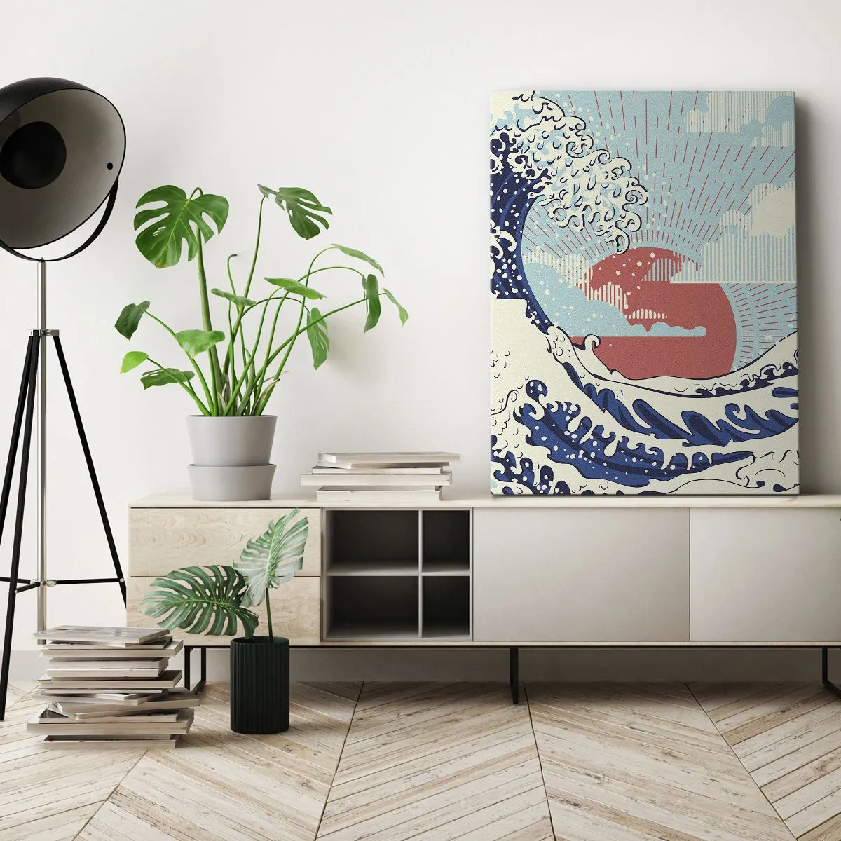 Obraz na płótnie - Abstrakcyjna fala w stylu japońskim na tle zachodzącego słońca - 50x70cm - Z japońskich inspiracji - Nowoczesna dekoracja ścienna do salonu, kuchni i sypialni ARTTOR