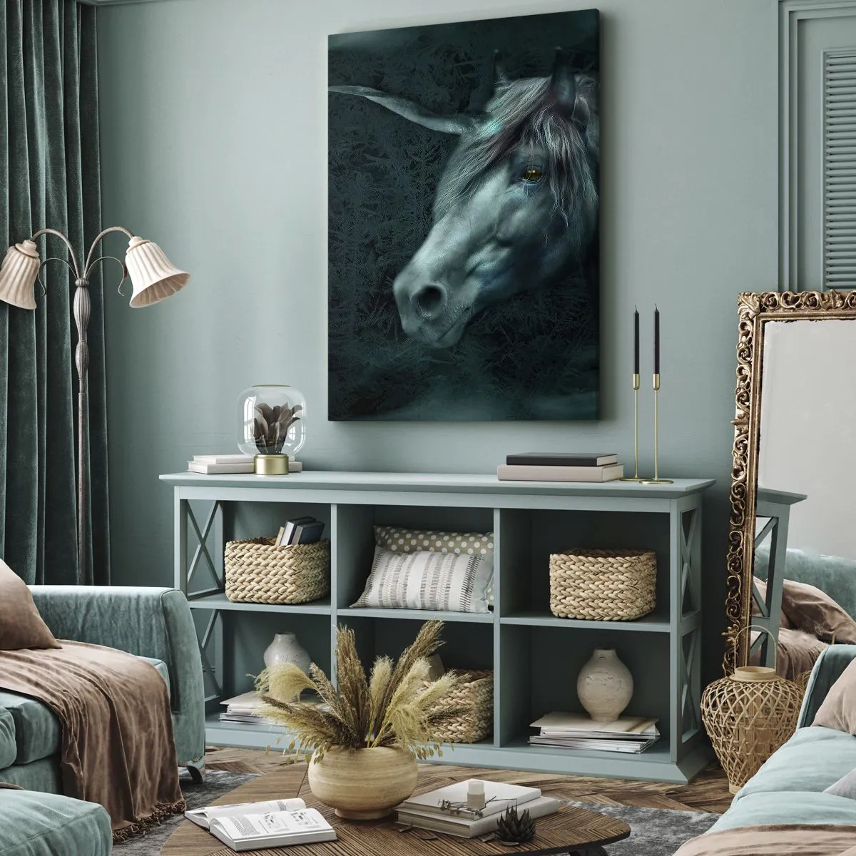 Obraz na płótnie - Jednorożec w magicznym lesie w odcieniach turkusu - 50x70cm - W baśniowym lesie - Nowoczesna dekoracja ścienna do salonu, kuchni i sypialni ARTTOR