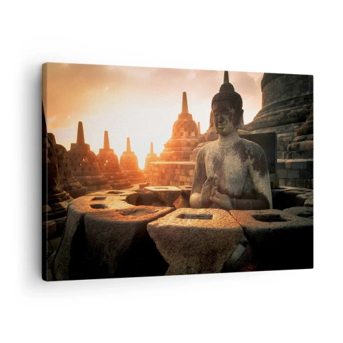 Obraz na płótnie - Posąg Buddy w świątyni Borobudur o zachodzie słońca - 70x50cm - Pogoda wielkiej mądrości - Nowoczesna dekoracja ścienna do salonu i sypialni ARTTOR