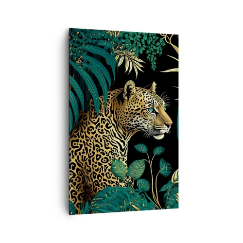Obraz na płótnie - Leopard w tropikalnych liściach na czarnym tle - 80x120cm - Gospodarz w dżungli - Nowoczesna dekoracja ścienna do salonu i sypialni ARTTOR