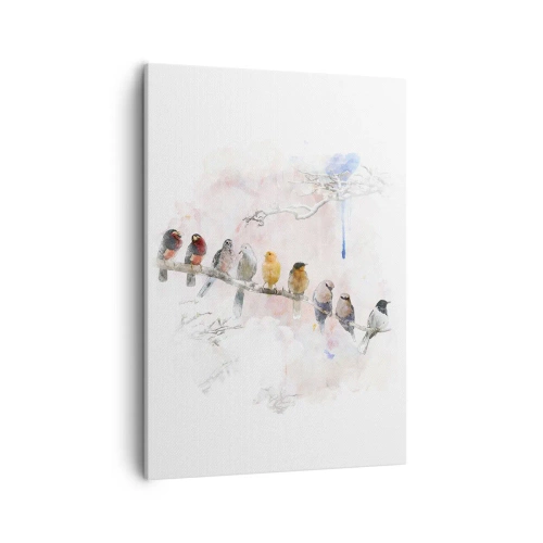 Obraz na płótnie - Grupa kolorowych ptaków siedzących na gałęzi w akwarelowym stylu - 50x70cm - Skrzydlate spotkanie - Nowoczesna dekoracja ścienna do salonu, kuchni i sypialni ARTTOR