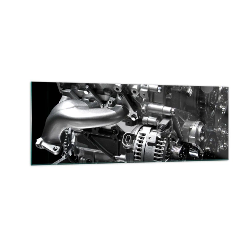 Obraz na szkle - Metalowe części silnika w zbliżeniu na czarnym tle - 140x50cm - Stalowy, piękny, silny - Nowoczesna dekoracja ścienna do salonu i sypialni ARTTOR