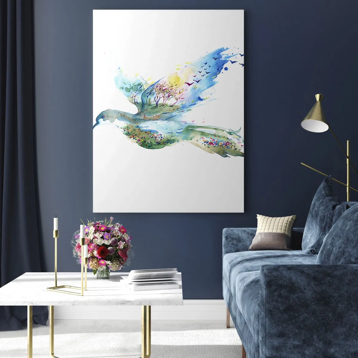 Obraz na szkle - Akwarelna sylwetka ptaka z krajobrazem w tle - 50x70cm - Na skrzydłach natury - Nowoczesna dekoracja ścienna do salonu, kuchni i sypialni ARTTOR