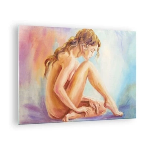 Obraz na szkle - Kobieta w subtelnej refleksji na tle pastelowych barw - 70x50cm - Akt młodości - Nowoczesna dekoracja ścienna do salonu i sypialni ARTTOR