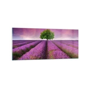 Obraz na szkle - Pole lawendy z samotnym drzewem i fioletowym niebem - 120x50cm - Na lawendowych polach - Nowoczesna dekoracja ścienna do salonu i sypialni ARTTOR
