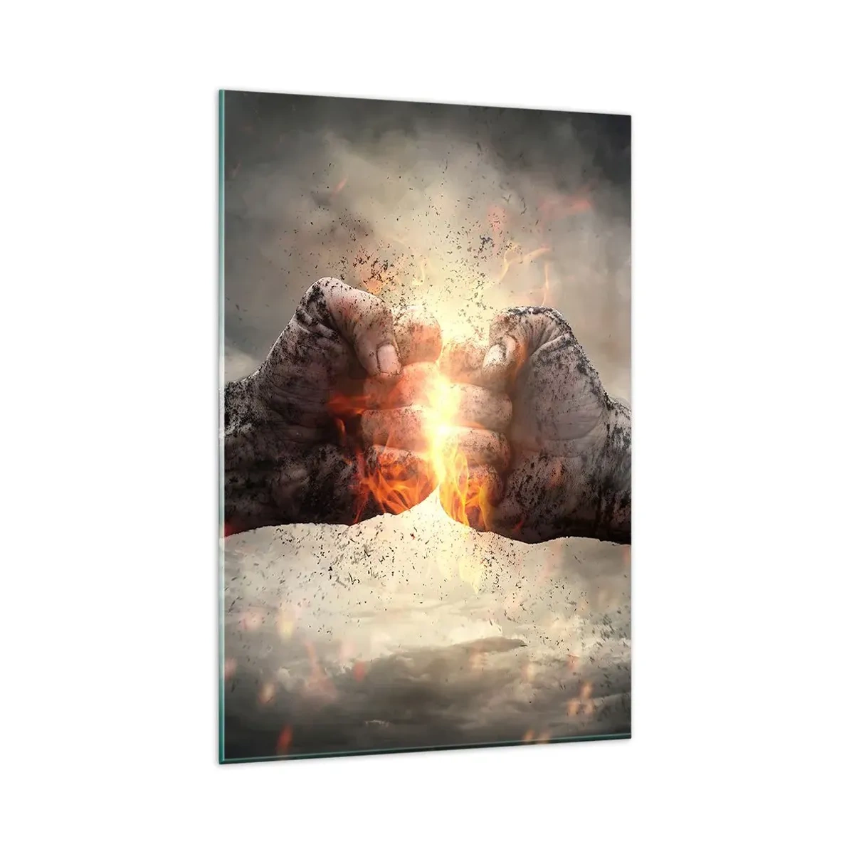 Obraz na szkle - Zaciśnięte pięści w dynamicznej scenerii z ogniem - 80x120cm - Stań do walki - Nowoczesna dekoracja ścienna do salonu i sypialni ARTTOR