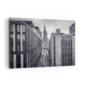 Obraz na płótnie - Panorama Warszawy z widokiem na Pałac Kultury i otaczające budynki - 100x70cm - Warszawska dolina - Nowoczesna dekoracja ścienna do salonu, kuchni i sypialni ARTTOR