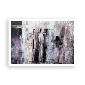 Plakat - Abstrakcyjna kompozycja z trzema postaciami w pastelowych barwach - 100x70cm - Tajemnicza trójka - Nowoczesna dekoracja ścienna do salonu i sypialni ARTTOR
