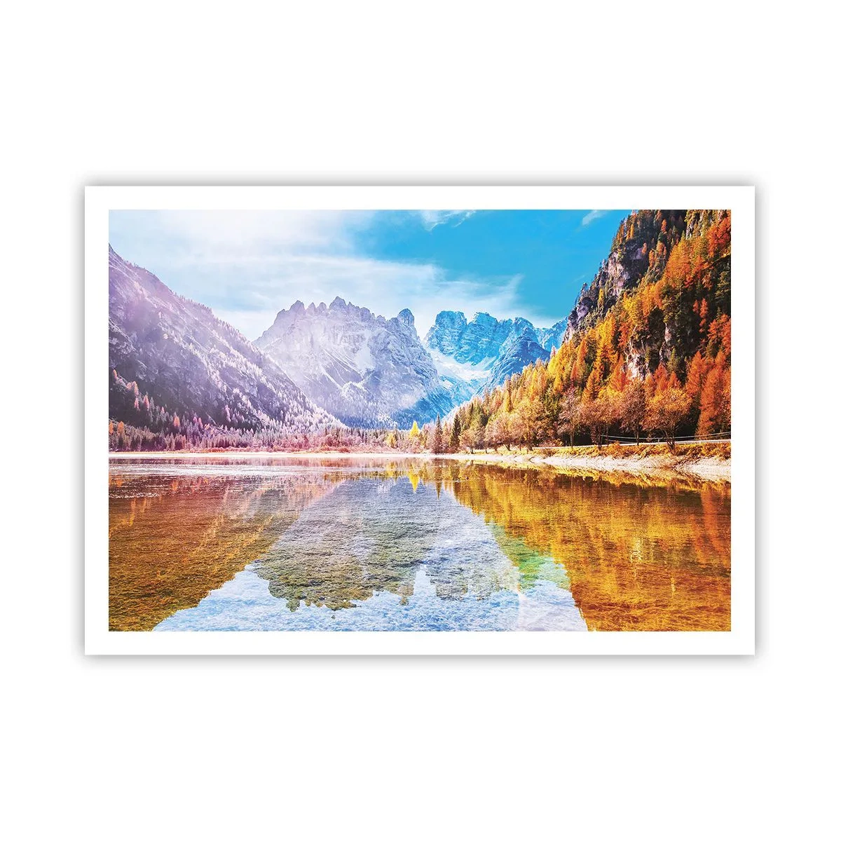 Plakat - Jesienny krajobraz górski z jeziorem - 100x70cm - A w górach już jesień - Nowoczesna dekoracja ścienna do salonu i sypialni ARTTOR