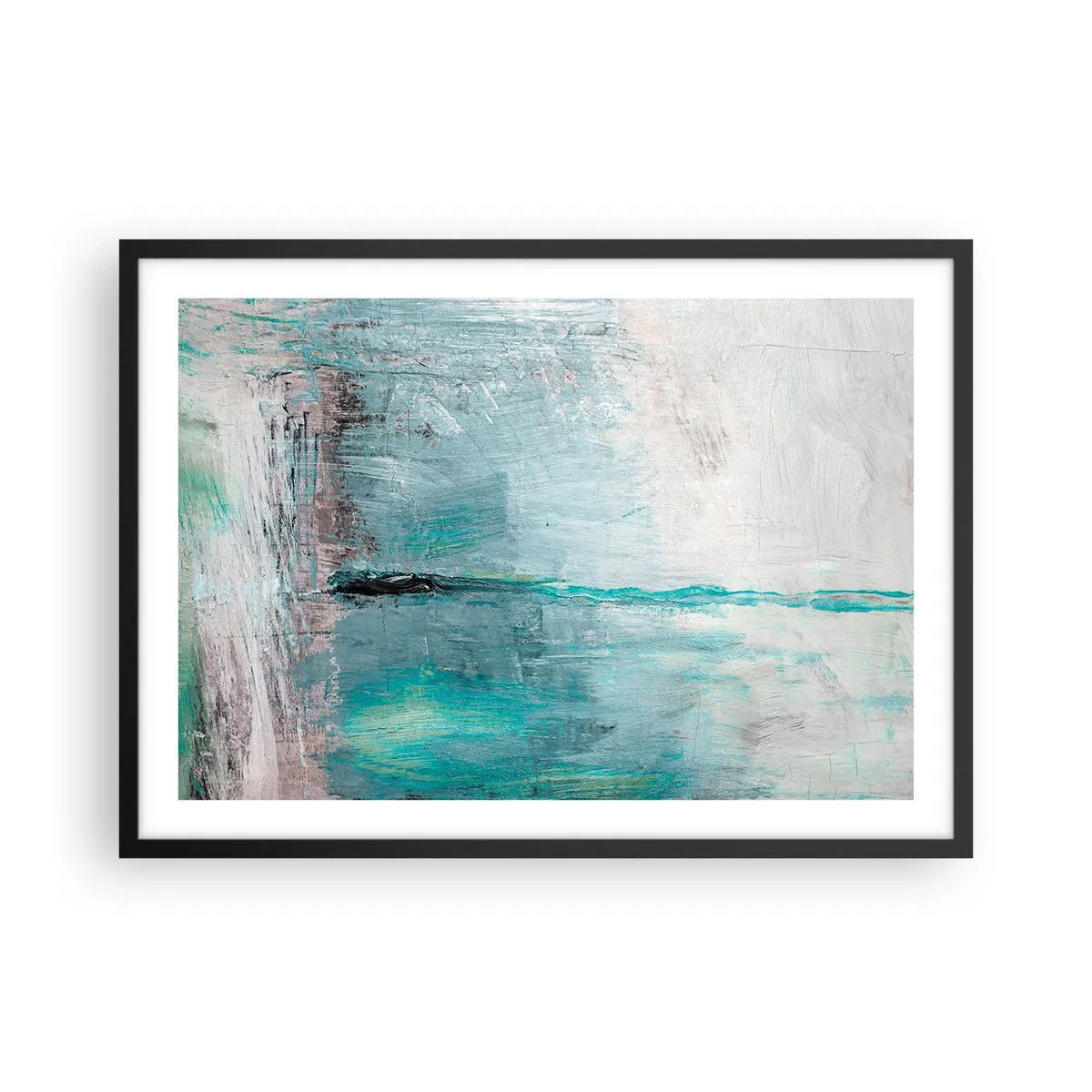 Plakat w czarnej ramie - Abstrakcja w odcieniach turkusu i szarości - 70x50cm - Horyzontalnie w błękicie - Nowoczesna dekoracja ścienna do salonu i sypialni ARTTOR