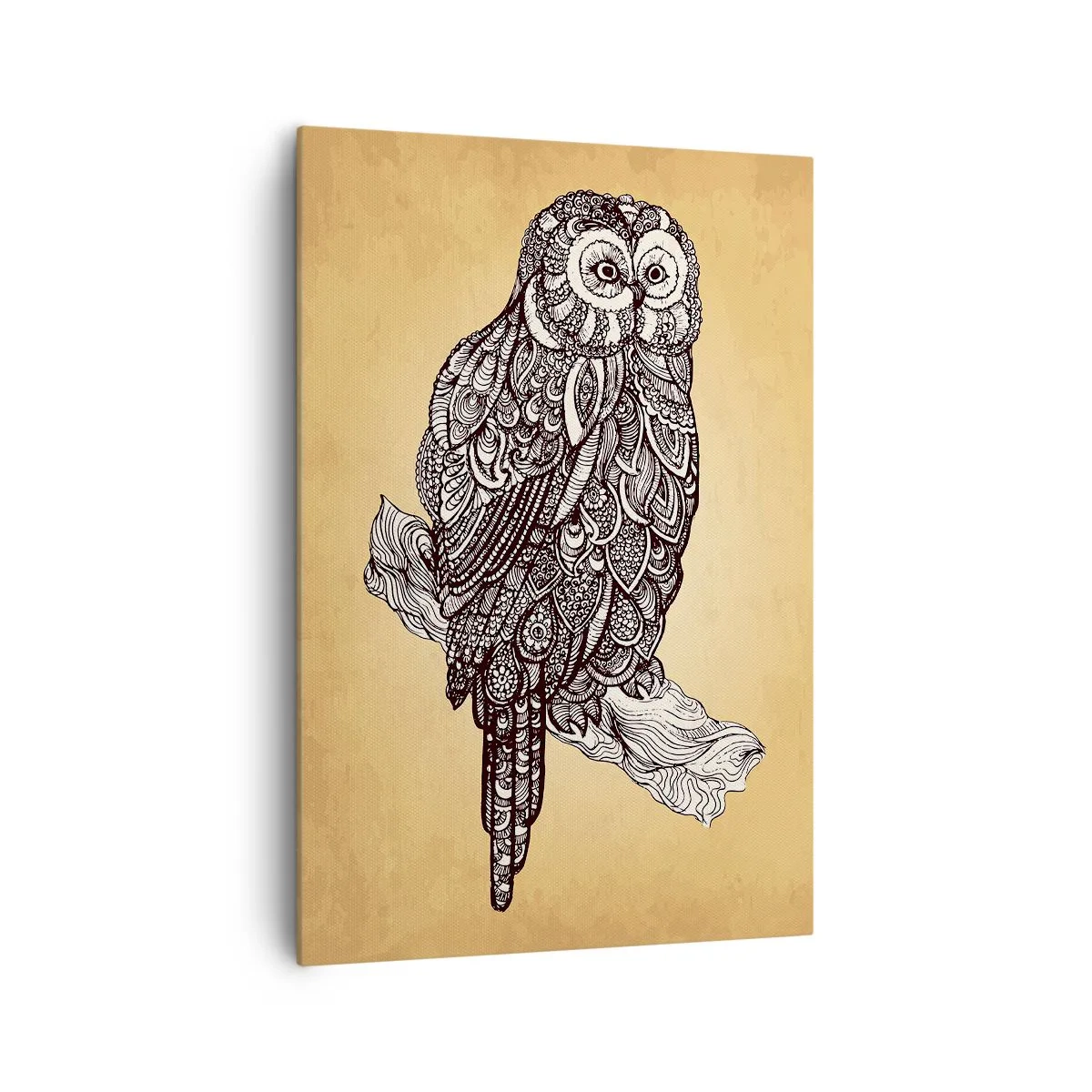 Obraz na płótnie - Sowa w ornamentalnym stylu na tle w odcieniach beżu - 70x100cm - Misterne ornamenty mądrości - Nowoczesna dekoracja ścienna do salonu i sypialni ARTTOR