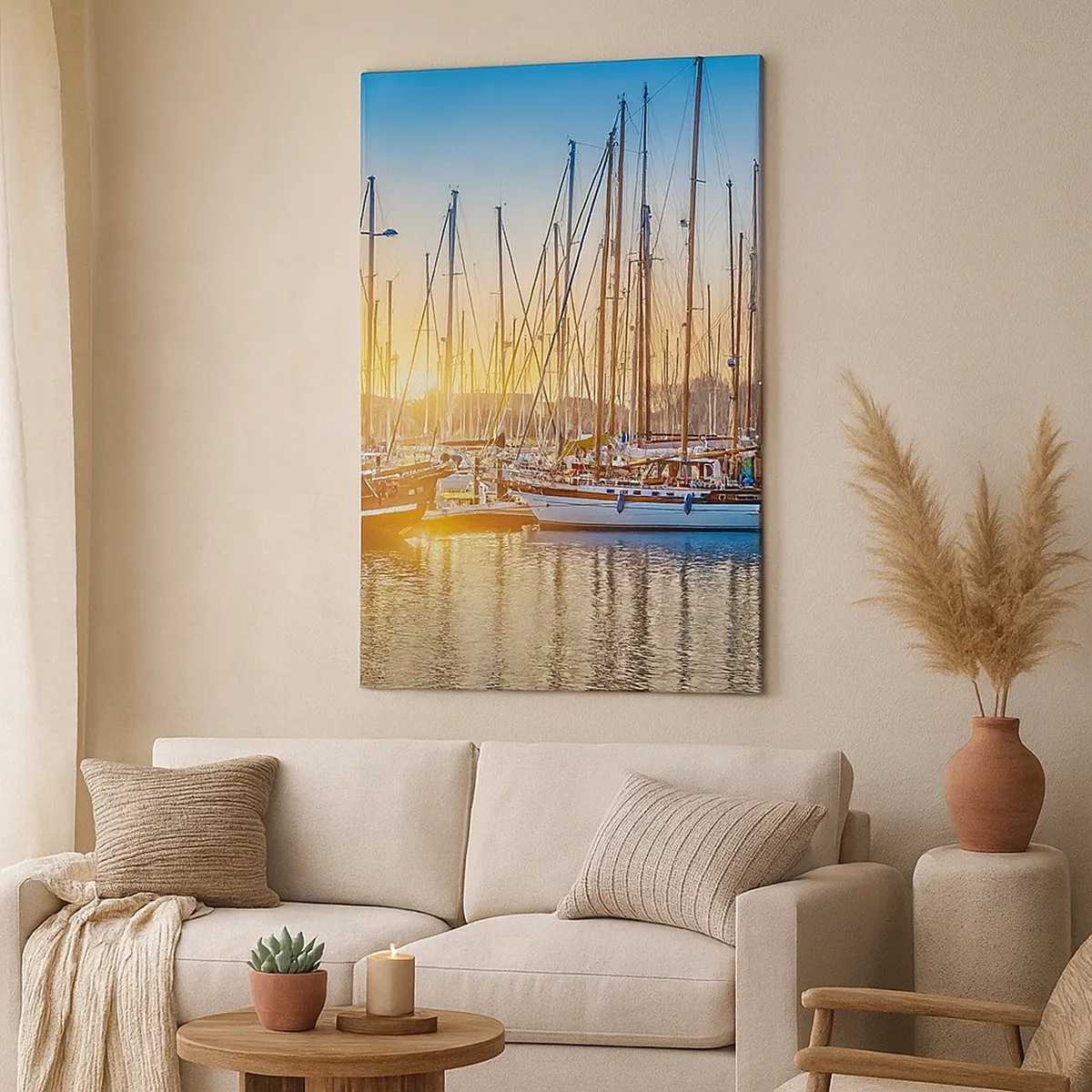 Obraz na płótnie - Port z żaglówkami oświetlony zachodzącym słońcem - 50x70cm - Wiatr też musi spać - Nowoczesna dekoracja ścienna do salonu, kuchni i sypialni ARTTOR