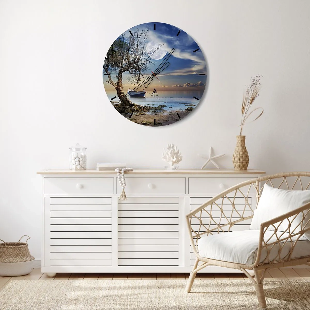 Zegar ścienny - Łódź przy brzegu z księżycem w tle - 30x30cm - To koniec czy początek? - Nowoczesna dekoracja ścienna do salonu, kuchni i sypialni ARTTOR