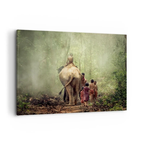 Obraz na płótnie - Dzieci z słoniem w zielonym lesie w świetle poranka - 100x70cm - Nowa Księga Dżungli - Nowoczesna dekoracja ścienna do salonu, kuchni i sypialni ARTTOR