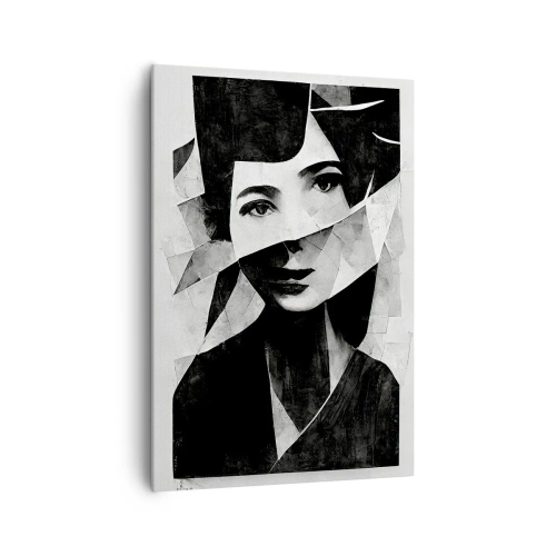 Obraz na płótnie - Abstrakcyjny czarno-biały portret kobiety o geometrycznej formie - 70x100cm - Naprawdę jaka jesteś… - Nowoczesna dekoracja ścienna do salonu i sypialni ARTTOR