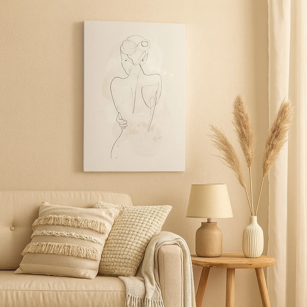 Obraz na płótnie - Minimalistyczny szkic kobiecej sylwetki na jasnym tle - 50x70cm - Jak czuły instrument - Nowoczesna dekoracja ścienna do salonu, kuchni i sypialni ARTTOR