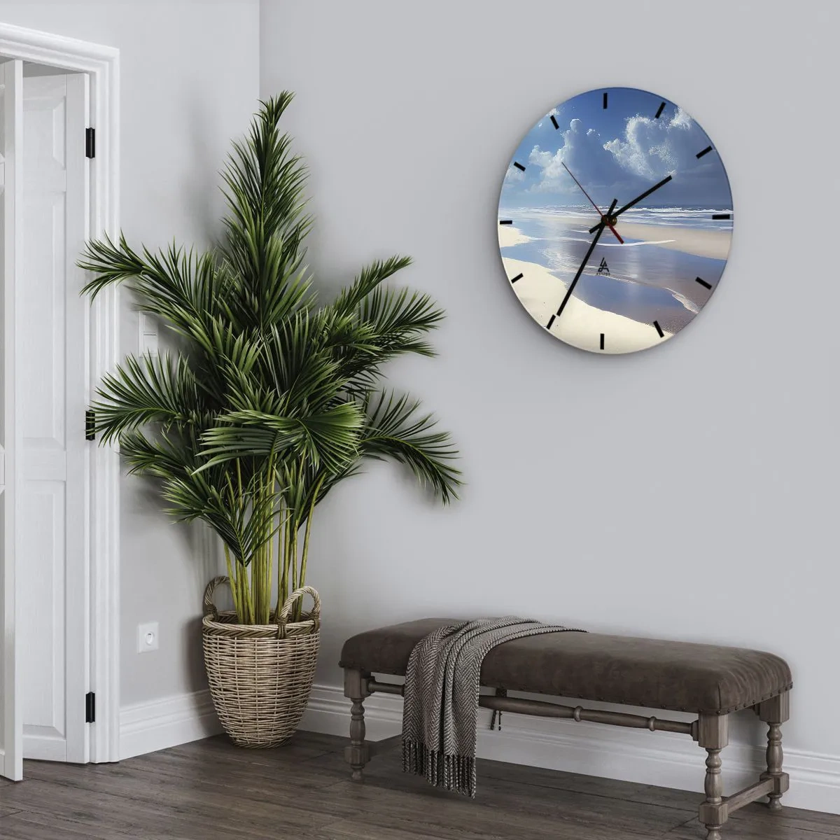 Zegar ścienny - Pusta plaża w słonecznym świetle z błękitnym niebem i falami - 30x30cm - Rajskie wakacje - Nowoczesna dekoracja ścienna do salonu, kuchni i sypialni ARTTOR