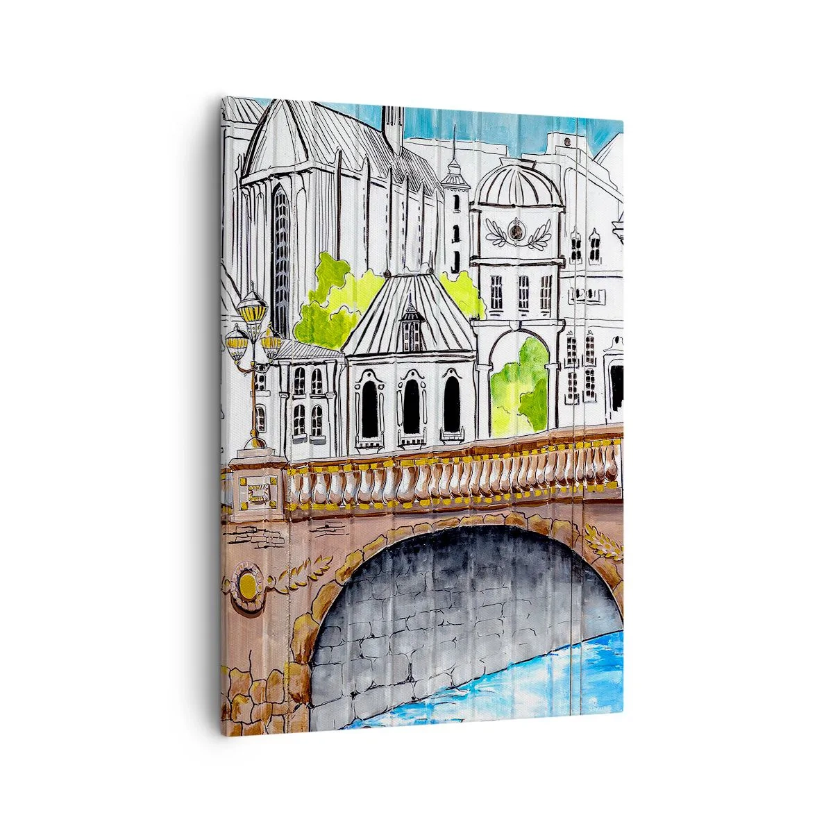 Obraz na płótnie - Rysunkowy pejzaż miasta z mostem i rzeką - 50x70cm - Miasto jak malowane - Nowoczesna dekoracja ścienna do salonu, kuchni i sypialni ARTTOR