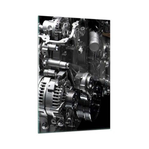 Obraz na szkle - Metalowe części silnika w zbliżeniu na czarnym tle - 80x120cm - Stalowy, piękny, silny - Nowoczesna dekoracja ścienna do salonu i sypialni ARTTOR