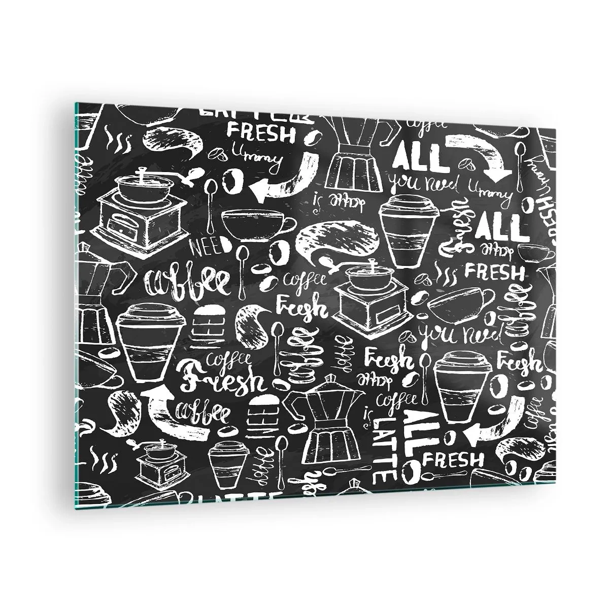 Obraz na szkle - Grafiki kawowe i napisy na czarnym tle w stylu retro - 70x50cm - All you need is… - Nowoczesna dekoracja ścienna do salonu i sypialni ARTTOR
