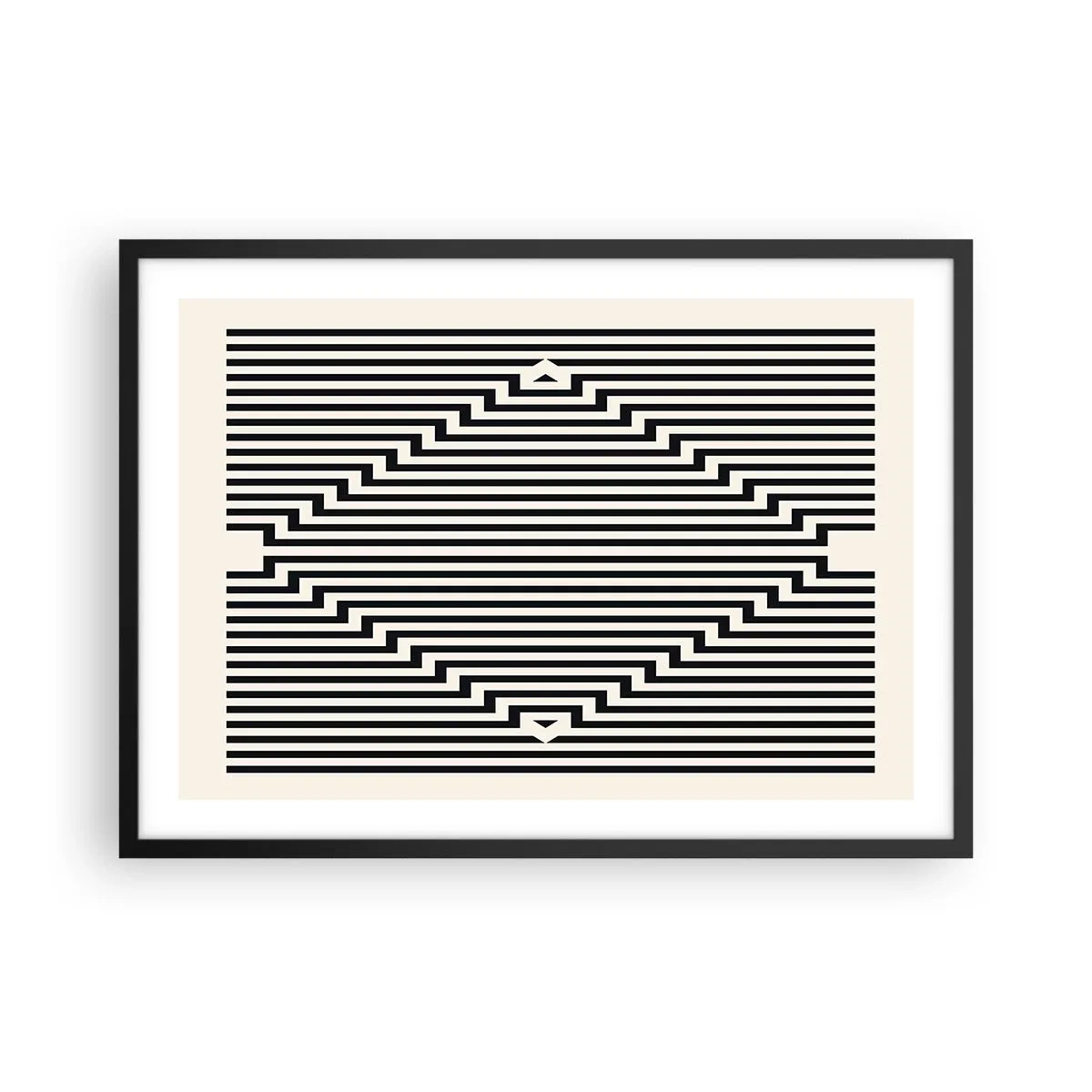 Plakat w czarnej ramie - Czarno-białe linie tworzące efekt geometrycznej iluzji - 70x50cm - Geometryczna iluzja - Nowoczesna dekoracja ścienna do salonu i sypialni ARTTOR
