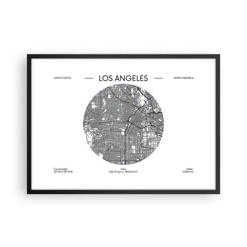 Plakat w czarnej ramie - Mapa Los Angeles w minimalistycznym, czarno-białym stylu - 70x50cm - Anatomia Los Angeles - Nowoczesna dekoracja ścienna do salonu i sypialni ARTTOR