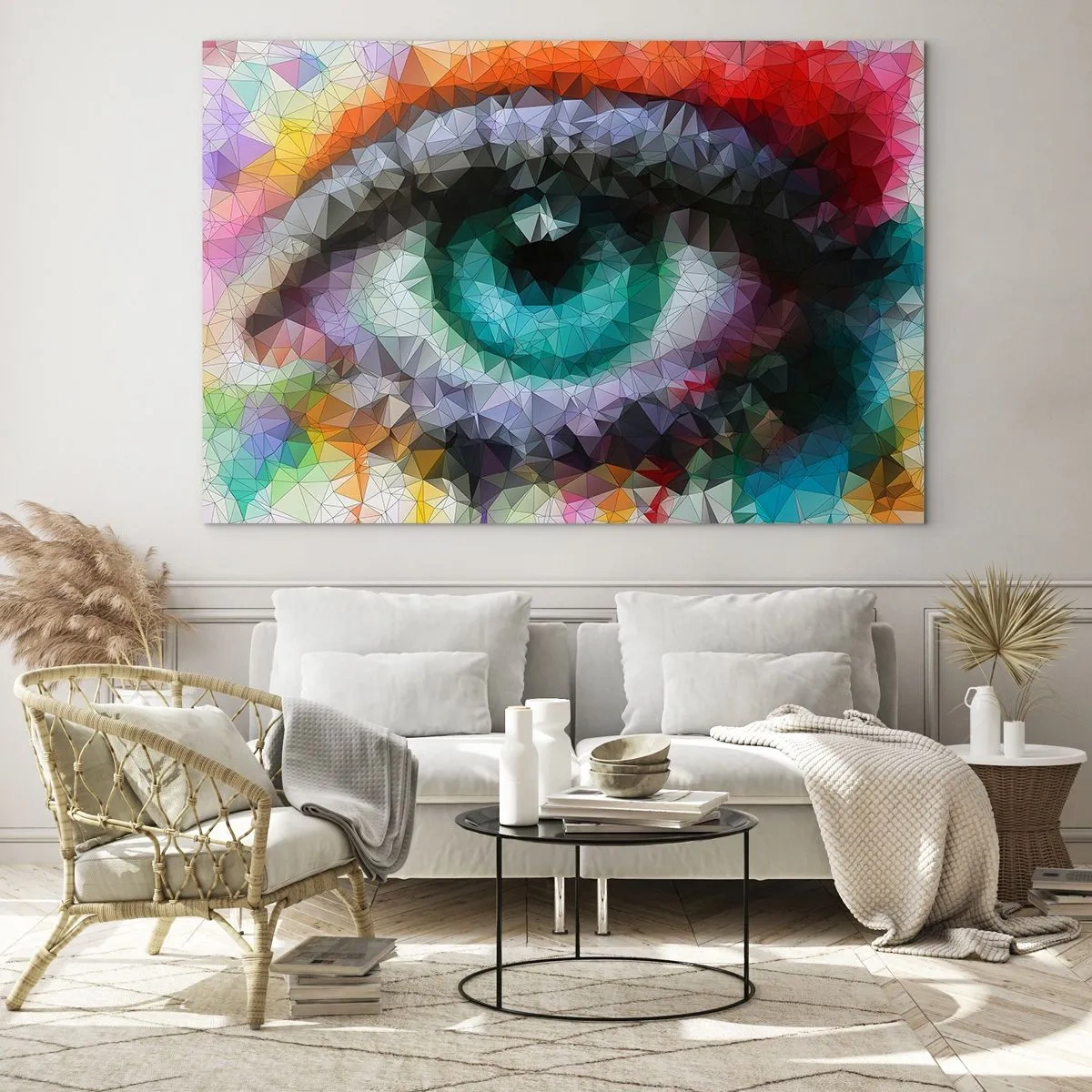 Obraz na szkle - Geometryczne oko w żywych barwach z efektem kryształów - 70x50cm - Krystaliczny oczu blask - Nowoczesna dekoracja ścienna do salonu i sypialni ARTTOR