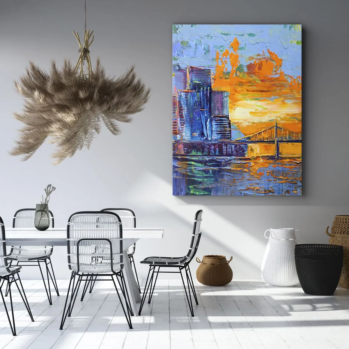 Obraz na płótnie - Kolorowe miasto z mostem w zachodzącym słońcu - 80x120cm - Kultura i natura - Nowoczesna dekoracja ścienna do salonu i sypialni ARTTOR