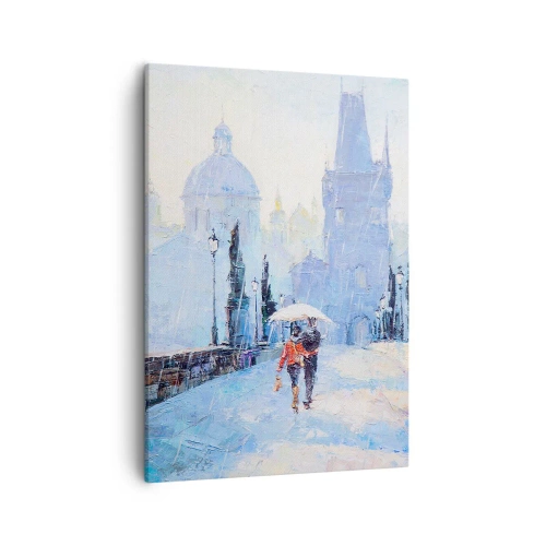Obraz na płótnie - Spacer pary pod parasolem na moście w deszczu - 50x70cm - Nas zaczarować musiał deszcz - Nowoczesna dekoracja ścienna do salonu, kuchni i sypialni ARTTOR