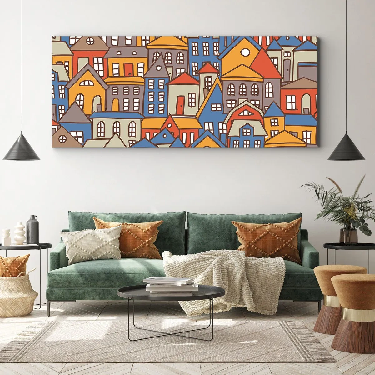 Obraz na płótnie - Kolorowe domki w stylu graficznym na jasnym tle - 140x50cm - Za domem dom - Nowoczesna dekoracja ścienna do salonu i sypialni ARTTOR