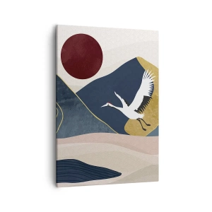 Obraz na płótnie - Minimalistyczna ilustracja z lecącym żurawiem na tle gór i czerwonego słońca - 50x70cm - I znowu ZLECIAŁ dzień - Nowoczesna dekoracja ścienna do salonu, kuchni i sypialni ARTTOR