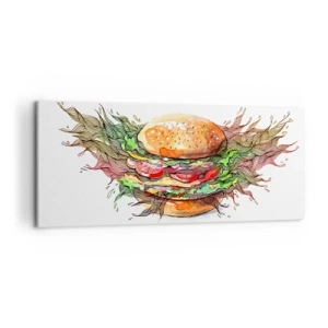 Obraz na płótnie - Artystyczna ilustracja burgera z dynamicznymi elementami - 120x50cm - Gorąca pokusa - Nowoczesna dekoracja ścienna do salonu i sypialni ARTTOR
