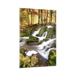 Obraz na szkle - Zalesiony krajobraz z wodospadem otoczonym mchem - 80x120cm - Bystro przez jesienny las - Nowoczesna dekoracja ścienna do salonu i sypialni ARTTOR