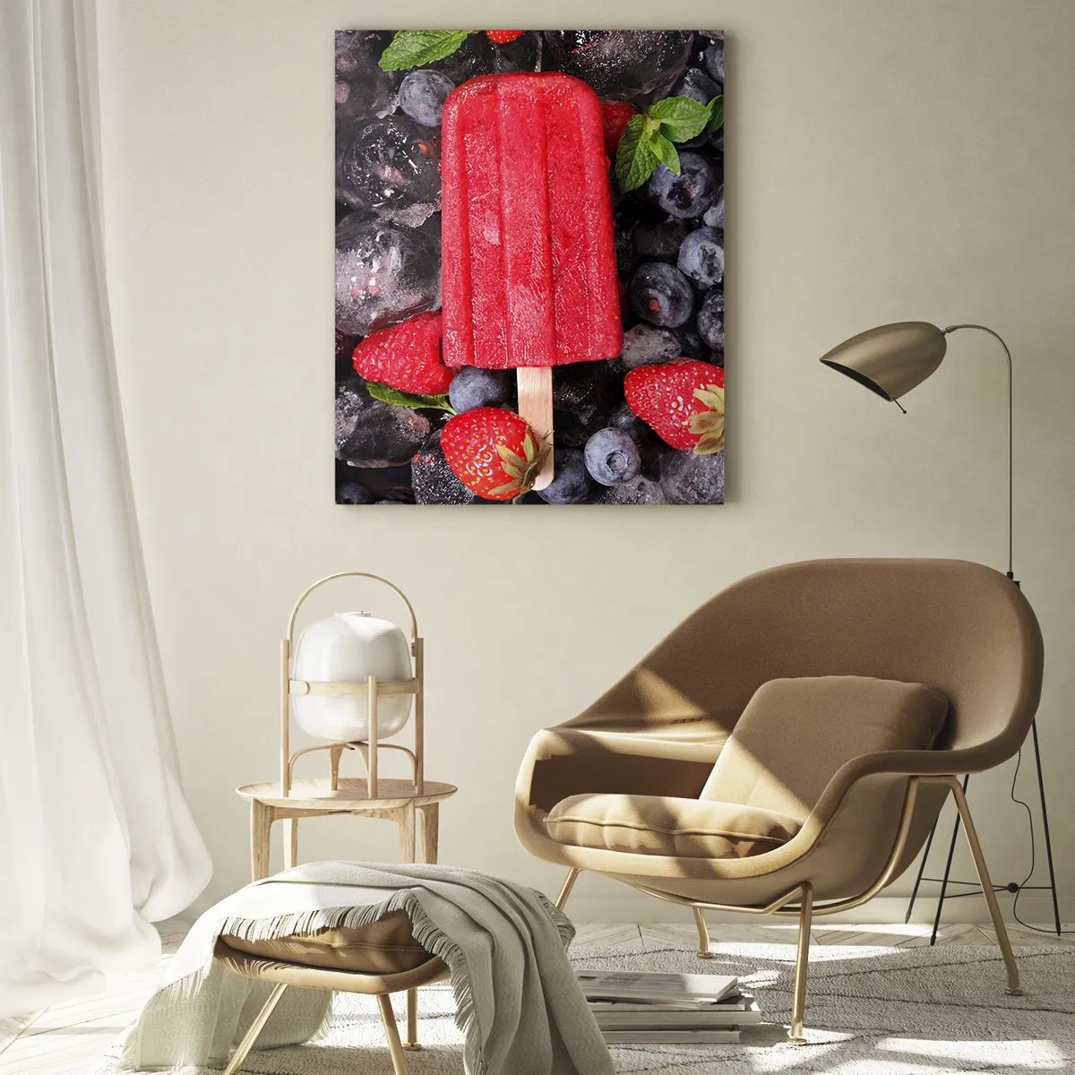 Obraz na szkle - Czerwony lód na patyku w otoczeniu owoców i lodu - 70x100cm - Smak gorącego lata - Nowoczesna dekoracja ścienna do salonu i sypialni ARTTOR