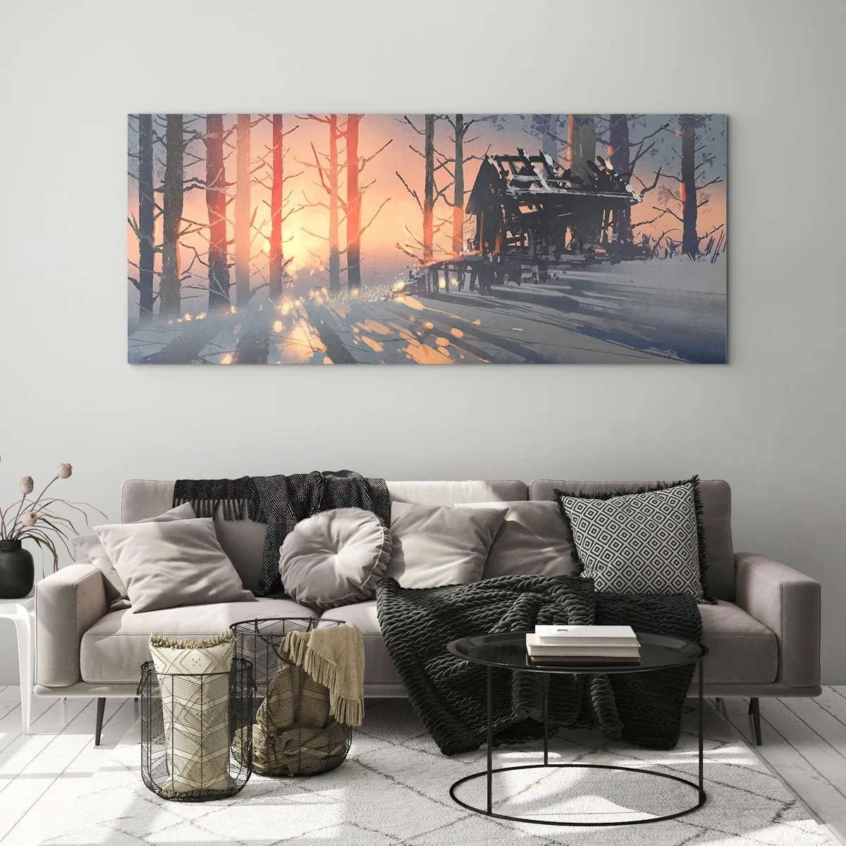 Obraz na szkle - Leśna chata w zimowym krajobrazie z promieniami zachodzącego słońca - 120x50cm - Zagląda tu tylko słońce - Nowoczesna dekoracja ścienna do salonu i sypialni ARTTOR
