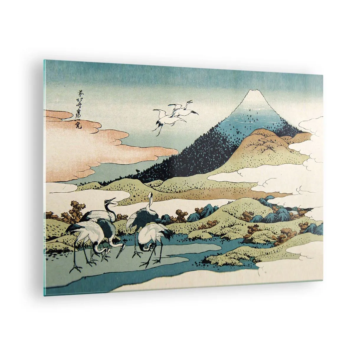 Obraz na szkle - Obraz przedstawiający ptaki w japońskim krajobrazie z widokiem na górę Fuji - 70x50cm - W japońskim duchu - Nowoczesna dekoracja ścienna do salonu i sypialni ARTTOR