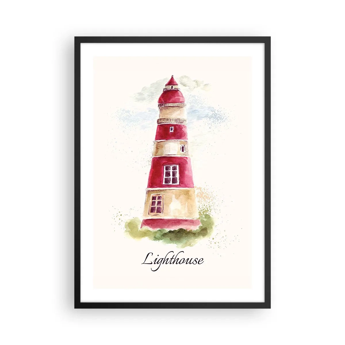 Plakat w czarnej ramie - Akwarelowa ilustracja latarni morskiej na jasnym tle - 50x70cm - Wokół zawsze pogoda - Nowoczesna dekoracja ścienna do salonu i sypialni ARTTOR