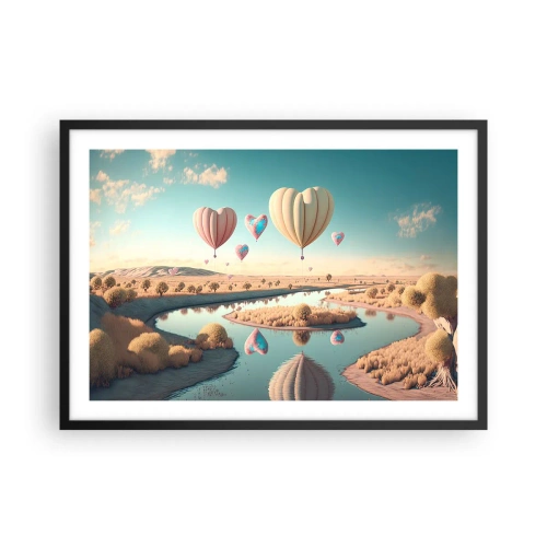 Plakat w czarnej ramie - Balony w kształcie serc unoszące się nad krajobrazem - 70x50cm - Miłość pozwala wznieść się - Nowoczesna dekoracja ścienna do salonu i sypialni ARTTOR