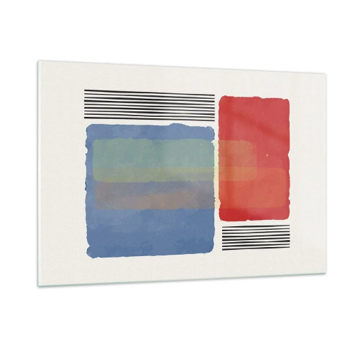 Obraz na szkle - Geometryczna kompozycja z prostokątami w czerwieni i błękicie - 120x80cm - Duch i litera geometrii - Nowoczesna dekoracja ścienna do salonu, kuchni i sypialni ARTTOR