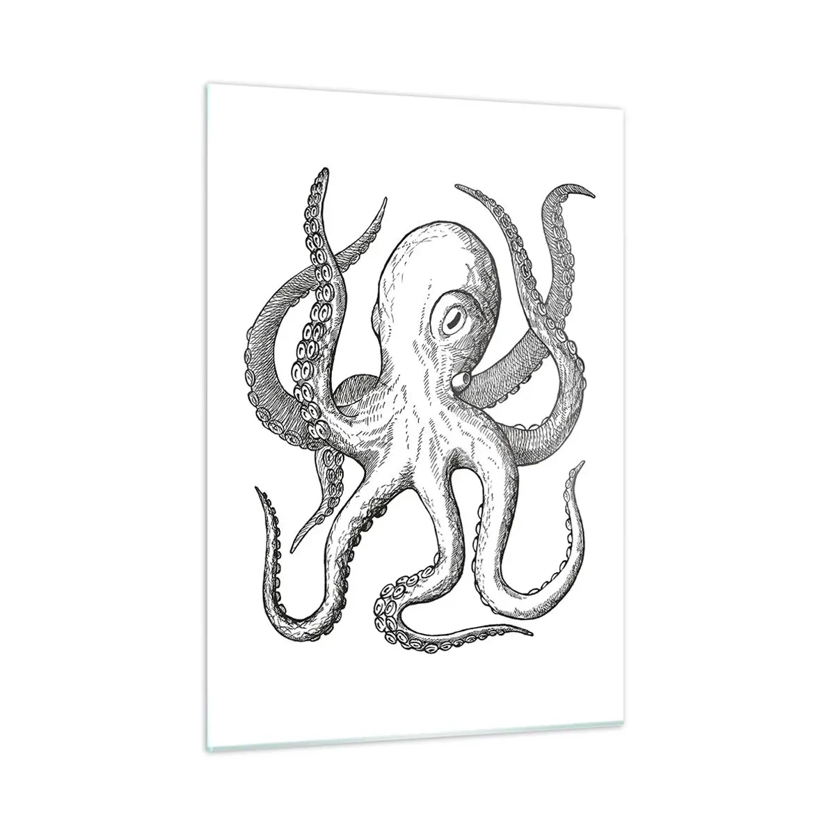 Obraz na szkle - Czarno-biały rysunek ośmiornicy na białym tle - 50x70cm - Tańcząca z falami - Nowoczesna dekoracja ścienna do salonu, kuchni i sypialni ARTTOR