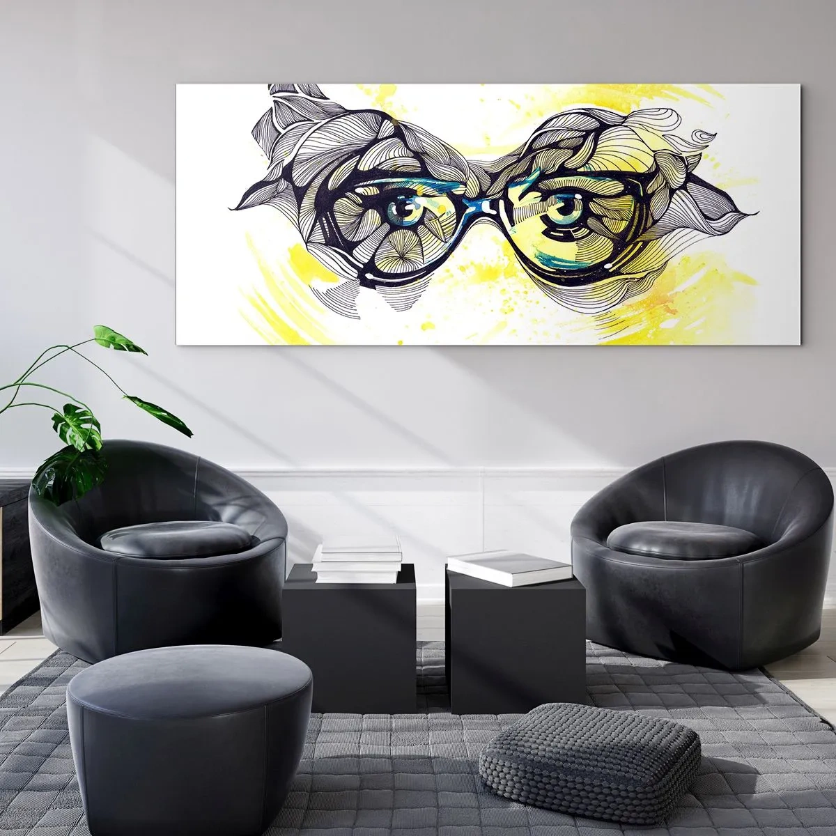 Obraz na szkle - Artystyczna grafika okularów z wyrazistymi oczami - 160x50cm - Przez błękitne okulary - Nowoczesna dekoracja ścienna do salonu i sypialni ARTTOR