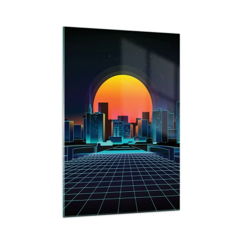 Obraz na szkle - Futurystyczna panorama miasta w stylu neonowym - 70x100cm - Wciąż chcesz do realu? - Nowoczesna dekoracja ścienna do salonu i sypialni ARTTOR